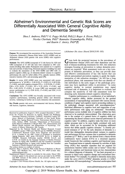 Preview of Alzheimer’s Environmental and Genetic Risk Scores are Differentially Associated With General Cognitive Ability and Dementia Severity