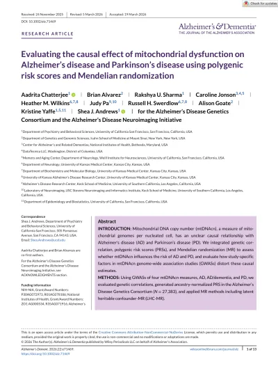 Preview of Evaluating the causal effect of mitochondrial dysfunction on Alzheimer’s disease and Parkinson’s disease using polygenic risk scores and Mendelian randomization
