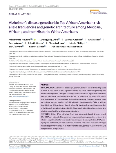 Preview of Alzheimer’s disease genetic risk: Top African American risk allele frequencies and genetic architecture among Mexican‐, African‐, and non‐Hispanic White Americans