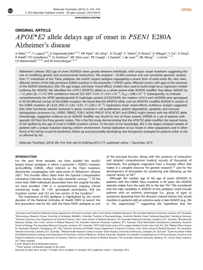 Preview of APOE*E2 allele delays age of onset in PSEN1 E280A Alzheimer’s disease