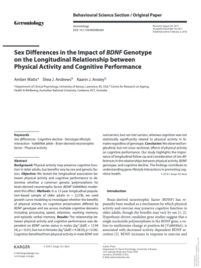 Preview of Sex Differences in the Impact of BDNF Genotype on the Longitudinal Relationship between Physical Activity and Cognitive Performance
